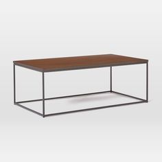 a rectangular coffee table with metal frame and wood top, viewed from the front view