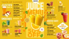 the juice menu has different types of drinks and beverages on it, including oranges, lemon