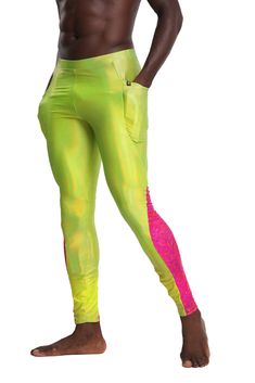 Mens Neon Green Meggings from Love Khaos Sporty Neon Stretch Bottoms, Neon Sports Bottoms, Sporty Neon Bottoms For Sports, Fitted Green Bottoms For Rave, Stretch Rave Bottoms For Streetwear, Neon Yellow Stretch Workout Bottoms, Rainy Festival Outfit, Beach Festival Outfit, Pink Tiger Print