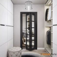 a walk in closet with white walls and doors