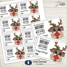 rudolph the reindeer printable christmas gift tags with red nose and antlers on them