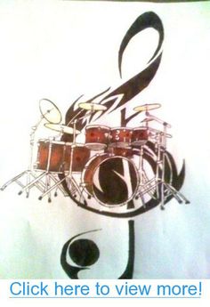 a drawing of a musical note with drums and music notes on the drum set in front of it