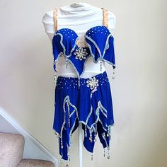 New Never Worn Royal Blue Costume With Clear Gems Skirt Is A Short, Modern Style Stretchy Skirt Under 3 Handkerchief Style Layers See Last Photo For A Small Spot On Underskirt. Unable To See Underneath Layers Padding In Bra Cups Size B-C Style Layers, Blue Costume, Bellydance Costume, Samba Costume, Handkerchief Style, Upcycled Dress, Tube Jumpsuit, Blue Costumes, Stretchy Skirt