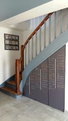 the stairs are lined with chalkboards and wooden handrails