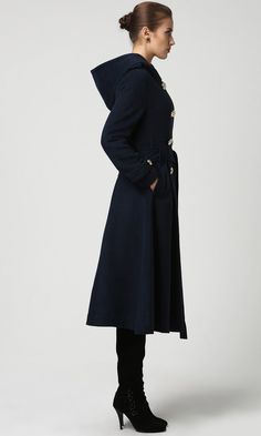 Dark Blue Wool Women’s Winter Coat. Military Style Coat - Blue Coat - Wool Jacket - Long Wool Coat - Women’s Jacket (1114) Hooded Pea Coat For Workwear, Hooded Pea Coat With Buttons For Workwear, Solid Long Peacoat With Button Closure, Blue Double-breasted Wool Coat With Button Closure, Long Pea Coat With Button Closure, Double-breasted Winter Peacoat With Buttons, Elegant Hooded Pea Coat For Work, Double-breasted Wool Coat With Buttons For Winter, Long Wool Pea Coat With Buttons