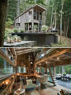 the inside and outside of a cabin in the woods with stairs leading up to it