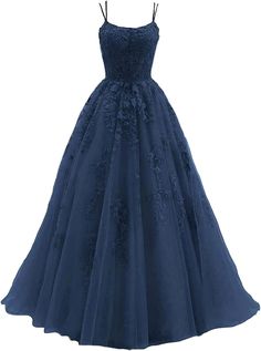 Women's Lace Appliques Prom Dresses Long Spaghetti Strap Ball Gowns Tulle Formal Dress for Party Elegant Spaghetti Strap Tulle Dress, Tulle Ball Gown With Spaghetti Straps For Parties, Spaghetti Strap Tulle Ball Gown For Parties, Organza Dresses With Spaghetti Straps For Prom Season, Organza Dress With Spaghetti Straps For Prom, Blue Spaghetti Strap Prom Evening Dress, Prom Gown With Lace Bodice And Spaghetti Straps, Formal Tulle Dresses With Spaghetti Straps, Lace Gown With Spaghetti Straps For Prom