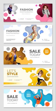 three banners with different colors and shapes for the sale of fashion items, including one woman in