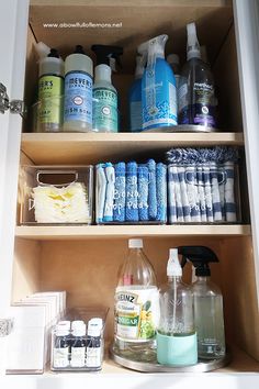 an open cabinet filled with lots of cleaning products