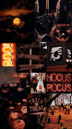 halloween collage with pumpkins, witches and other things in the background that are all over the place