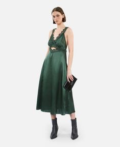 Long green slip dress with guipure | The Kooples - US Party Slip Dress With Lace Bodice And V-neck, Elegant Backless Slip Dress With Lace Bodice, Elegant Lace Bodice Backless Slip Dress, Elegant V-neck Slip Dress With Lace Back, Sleeveless Formal Slip Dress With Lace Back, Sleeveless Silk Dress With Lace Bodice, Formal Sleeveless Slip Dress With Lace Bodice, Chic Silk Dress With Lace Bodice, Lace Midi Length Slip Dress For Evening