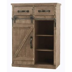 an old wooden cabinet with sliding doors on the front and bottom, open to reveal a storage compartment