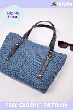 a blue knitted purse with sunglasses on it and the text ripple purse free crochet pattern