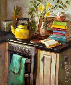 a painting of flowers and books on a kitchen counter