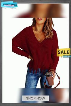 Autumn and Winter Fashion Women's Tassel Ripped Sweater Knitted Fringe V-neck Top For Fall, Fall Knit Tops With Fringe, Knit Fringe Top For Fall, Knit Top With Fringe For Fall, Casual V-neck Top With Fringe, V-neck Fringe Top For Fall, Casual Long Sleeve Fringe Sweater, Casual Fringe Sweater For Fall, Casual Knit Top With Fringe