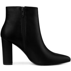 Sculpted into a sleek silhouette yet meant to fit comfortably, this PU leather ankle bootie features A-line to toe to give you graceful with the high heel. These ankle boots have a flattering style that looks great on everyone. Block Heel Ankle Booties; Pointy Toe; Side Zipper; Occasion: Party, Office, Casual, Christmas Days, Dating, Evening; Vamp: PU; Outsole: Rubber; Heel: ABS; Heel Height: 3 5/9 inches; Shaft Height: 4 1/8 inches; Sleek High Ankle Boots With 4-inch Heel, Fall High Heel Boots With Heel Tab, Ankle Heeled Boots For Workwear With 4-inch Heel, Sleek Ankle Heeled Boots With Zipper, Fall High Heeled Boots With Heel Tab, Sleek Ankle Heeled Boots For Fall, High Heel Faux Leather Boots With Padded Ankle, High Heel Boots With Padded Ankle In Faux Leather, Ankle-high Faux Leather Heeled Boots With Reinforced Heel