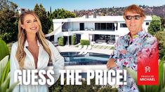 two women standing in front of a house with the words guess the price on it