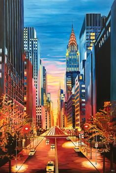 a painting of a city at night with cars driving down the street and tall buildings in the background