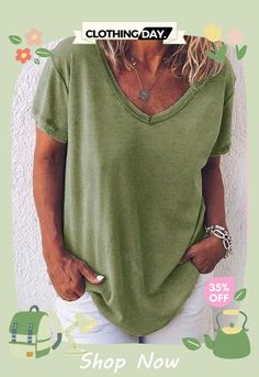 Short Sleeve V-neck Shirts Casual Cotton V-neck Top For Summer, Summer Cotton V-neck Top, Casual Green V-neck Short Sleeve Top, Casual V-neck Top With Relaxed Fit, Casual V-neck Plain Top, Fall V-neck T-shirt, Casual Solid Color V-neck Top For Summer, Trendy V-neck T-shirt For Fall, Plain V-neck Top For Fall