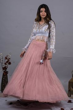 Cloud blue frilly organza hem full sleeves V neck blouse with all over ivy vine bloom embroidery using nakshi, zardosi, zari, thread work, sitara highlights. Paired with a dusty rose pink kalidar lehenga with tassel ornamentation detailing. - Aza Fashions Blouse With Lehenga, Bloom Embroidery, Lehenga For Women, Lehenga Pattern, Ivy Vine, Frilly Blouse, Frill Sleeves, Silk Embroidery, Thread Work