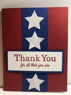 a thank you card with white stars on red, blue and white paper that says thank you for all that you are