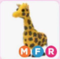 a stuffed giraffe sitting next to the word m f r