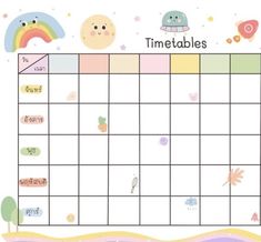 a printable calendar with animals and rainbows on the page, which reads time tables