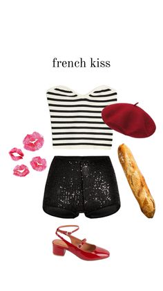 a woman's clothes and accessories are arranged in the shape of a french kiss