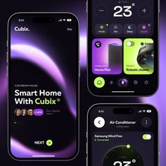 the smart home wifi club app is displayed on two iphones, one with an air conditioner