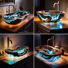 four different views of a bathroom sink with blue lights in the bowl and water running through it