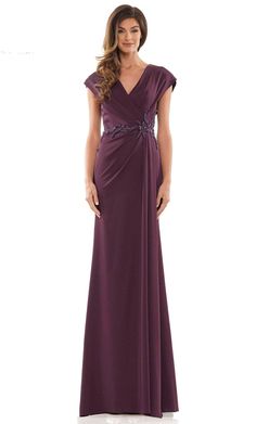 Marsoni by Colors MV1226 - V-Neck Cap Sleeve Mother of the Bride Dress Purple Fitted Formal Mother Of The Bride Dress, Mother Of The Bride Dresses Plum, Eggplant Mother Of The Bride Dress, Elegant Green V-neck Mother Of The Bride Dress, Purple Floor-length Mother Of The Bride Dress, Eggplant Color, Satin Dress Long, Trumpet Gown, Capped Sleeve Dress