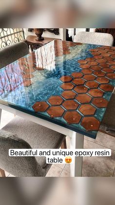 a glass table top with honeycombs on it and the words beautiful and unique epox resin resin resin