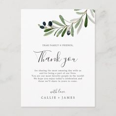 a thank card with an olive branch on it