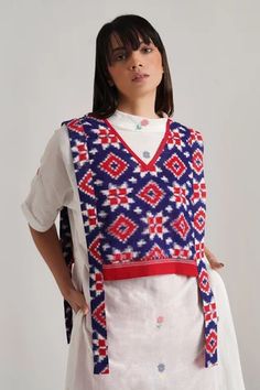 Shop for Indigo Dreams Multi Color Olympia Jamdani Tunic Telia Vest Set for Women Online at Aza Fashions Red Trousers, Vest Set, Blouse Length, Tunic Length, Floral Motifs, Set For Women, Aza Fashion, Fashion Set, Olympia