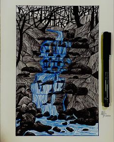 an ink drawing of a waterfall in the woods