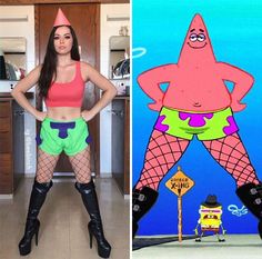 a woman in tights and boots standing next to an image of a cartoon character