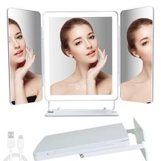 a woman's face is shown in front of three mirrors with the same image on them