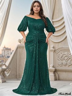 Olivia Mark - Formal Off-Shoulder Short-Sleeved Evening Gown with Beaded Embellishments and Mermaid Train Green Fitted Gown With Short Sleeves, Green Fitted Short Sleeve Gown, Fitted Dark Green Evening Dress For Banquet, Green Short Sleeve Evening Dress For Banquet, Green Short Sleeve Party Gown, Plus Size Gala Dress, Affordable Formal Dresses, Off Shoulder Cocktail Dress, Evening Gowns With Sleeves