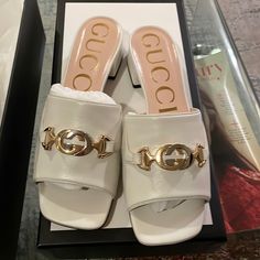 Gucci White Leather Sandals New In Box With Tags And Dust Bags Elegant Gucci Flat Sandals, Luxury White Gucci Sandals, Gucci White Formal Sandals, White Gucci Sandals For Formal Occasions, White Gucci Formal Sandals, White Gucci Sandals For Party, Gucci Crossbody Bag, White Leather Sandals, Shoes Gucci