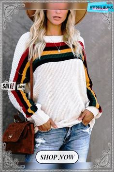 Stripes Knitted Crew Neck Long Sleeve Sweater Striped Knit Long Sleeve Sweater, Striped Long Sleeve Knit Sweater, Casual Striped Knitted Sweater, Multicolor Ribbed Crew Neck Sweater, Striped Knit Sweater With Crew Neck, Striped Long Sleeve Cable Knit Sweater, Striped Long Sleeve Knit Top For Fall, Striped Chunky Knit Crew Neck Sweater, Striped Chunky Knit Sweater