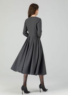 Gray A-line Winter Dresses, Winter Wool Knee-length Midi Dress, Chic Gray Winter Dress, Gray Knee-length Winter Dress, Elegant Gray Midi Dress For Winter, Gray Winter Midi Dress For Workwear, Gray Midi Dress For Winter Workwear, Gray Winter Midi Dress For Work, Gray Winter Dresses For Work