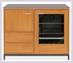 a wooden cabinet with two drawers and an oven in the door, on top of a white background