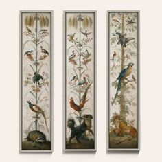 three panels with birds and flowers painted on them