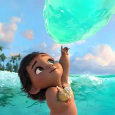 a cartoon character holding onto a large ball in the ocean