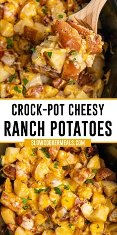 crock - pot cheesy ranch potatoes in a cast iron skillet with a wooden spoon