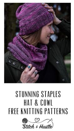 a woman wearing a purple knitted hat and scarf with text overlay that reads, stunning