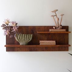 two wooden shelves with plants and books on them in front of a wall mounted shelf