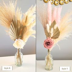 two vases with flowers and feathers in them