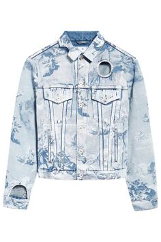 100% Cotton Off White Jacket, Leather Varsity Jackets, Printed Denim Jacket, Rick Owens Jacket, White Denim Jacket, White Sky, Blue Denim Jacket, Printed Denim, Roberto Cavalli