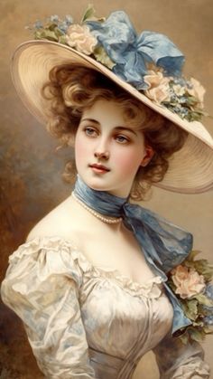 a painting of a woman wearing a large hat with flowers on it's brim